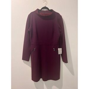 MAGGY LONDON Textured Mock Neck Zipper Pocket Sheath Dress Burgundy Blue Size 16